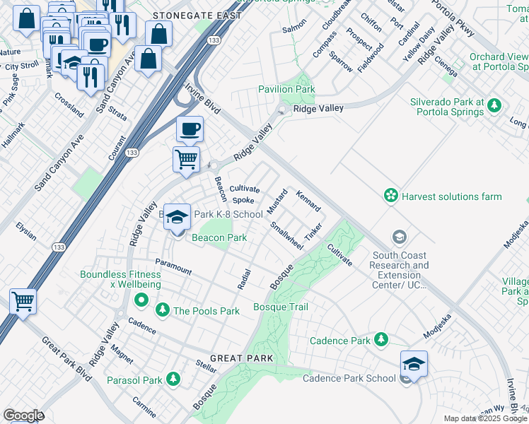 map of restaurants, bars, coffee shops, grocery stores, and more near 101 Mustard in Irvine