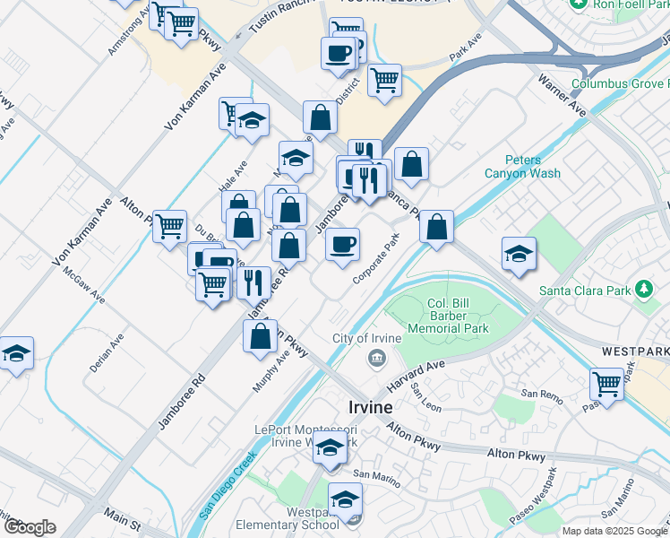 map of restaurants, bars, coffee shops, grocery stores, and more near 9 Corporate Park in Irvine