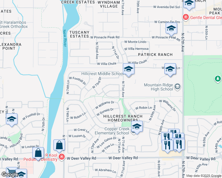 map of restaurants, bars, coffee shops, grocery stores, and more near 7140 West La Senda Drive in Glendale