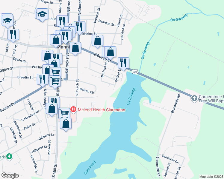 map of restaurants, bars, coffee shops, grocery stores, and more near 214 Walker Street in Manning