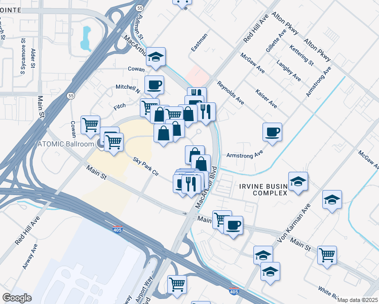 map of restaurants, bars, coffee shops, grocery stores, and more near 17782 Sky Park Circle in Irvine