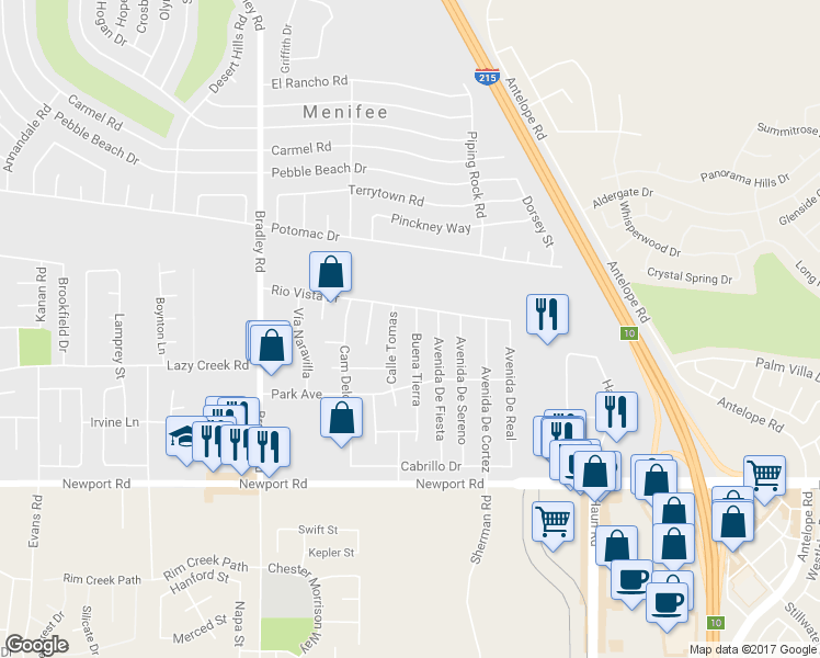 map of restaurants, bars, coffee shops, grocery stores, and more near 29637 Buena Tierra in Menifee