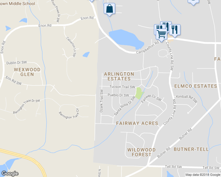 map of restaurants, bars, coffee shops, grocery stores, and more near 2389 Navajo Trail Southwest in Atlanta