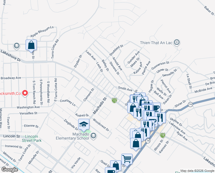 map of restaurants, bars, coffee shops, grocery stores, and more near 30204 Wilson Street in Lake Elsinore