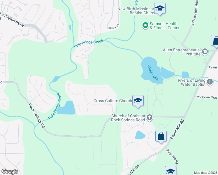 map of restaurants, bars, coffee shops, grocery stores, and more near 5862 Fairington Farms Lane in Stonecrest