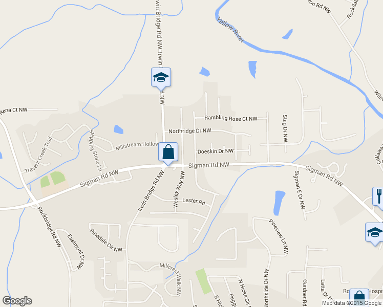 map of restaurants, bars, coffee shops, grocery stores, and more near 1715 Rocky Ridge Drive Northwest in Conyers