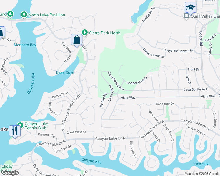 map of restaurants, bars, coffee shops, grocery stores, and more near Cross Hill Drive in Menifee