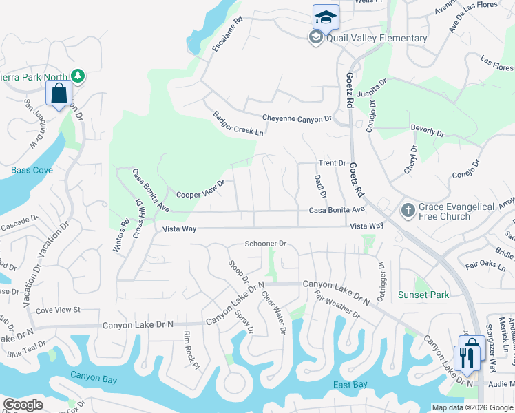 map of restaurants, bars, coffee shops, grocery stores, and more near 23518 Casa Bonita Avenue in Canyon Lake
