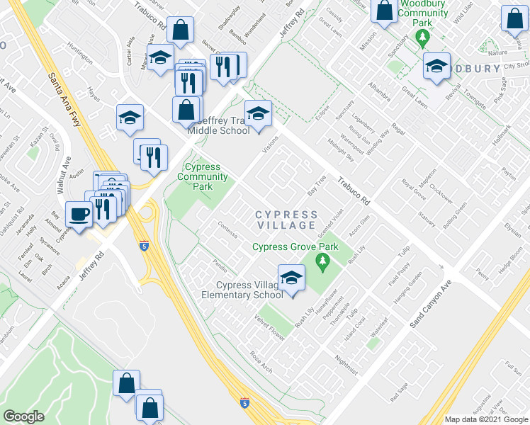 map of restaurants, bars, coffee shops, grocery stores, and more near 232 Piccolo in Irvine