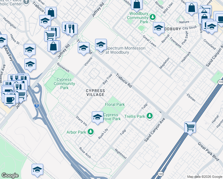 map of restaurants, bars, coffee shops, grocery stores, and more near 74 Cactus Flower in Irvine