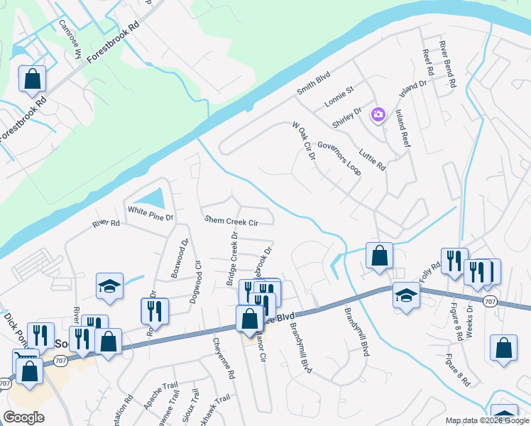 map of restaurants, bars, coffee shops, grocery stores, and more near 819 Shem Creek Circle in Myrtle Beach