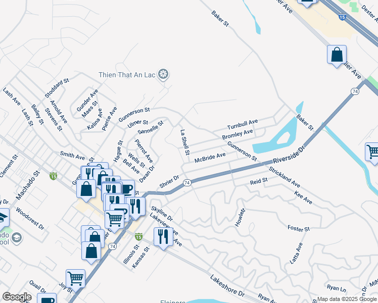 map of restaurants, bars, coffee shops, grocery stores, and more near 17210 De Brask Avenue in Lake Elsinore