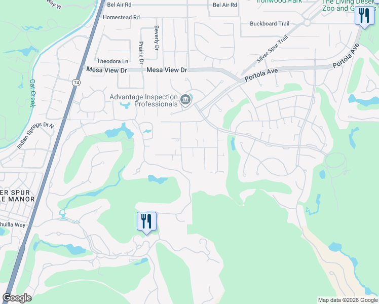 map of restaurants, bars, coffee shops, grocery stores, and more near 73105 Crosby Lane in Palm Desert