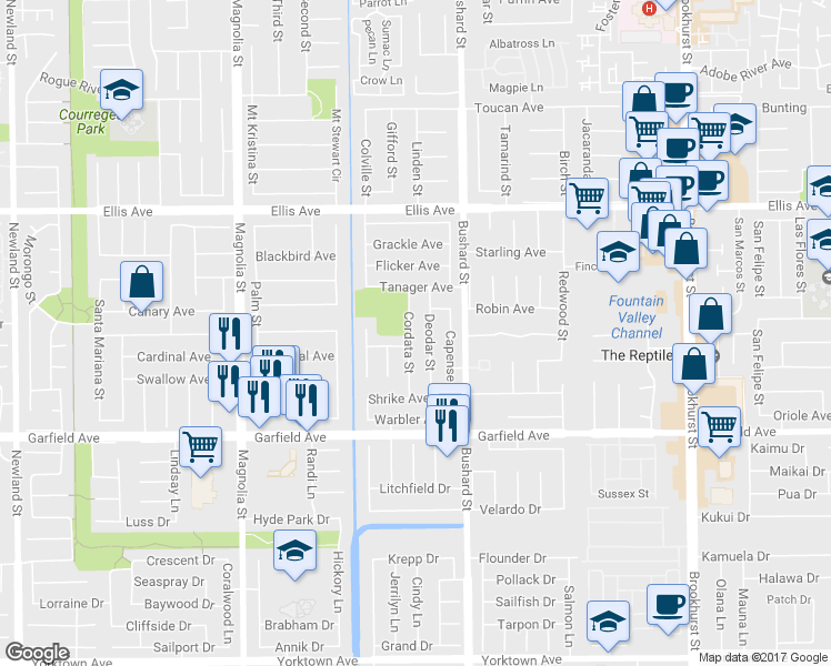 map of restaurants, bars, coffee shops, grocery stores, and more near 18791 Deodar Street in Fountain Valley