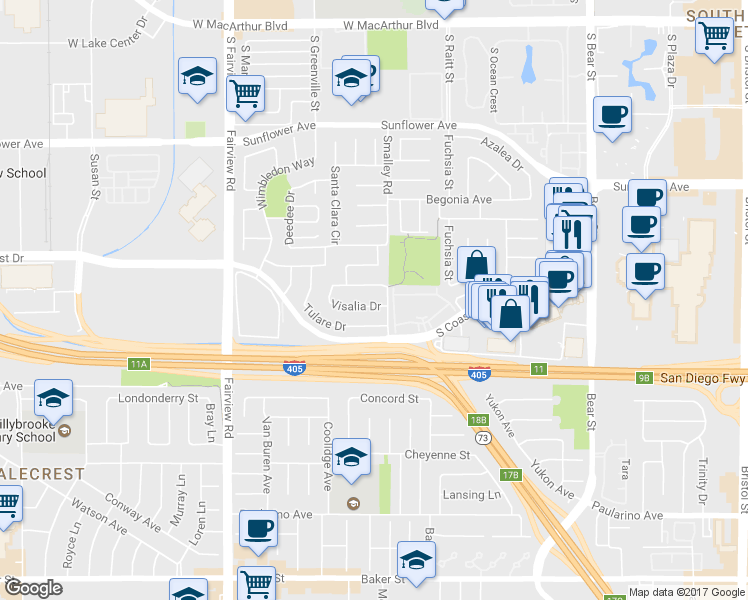 map of restaurants, bars, coffee shops, grocery stores, and more near 1062 Visalia Drive in Costa Mesa
