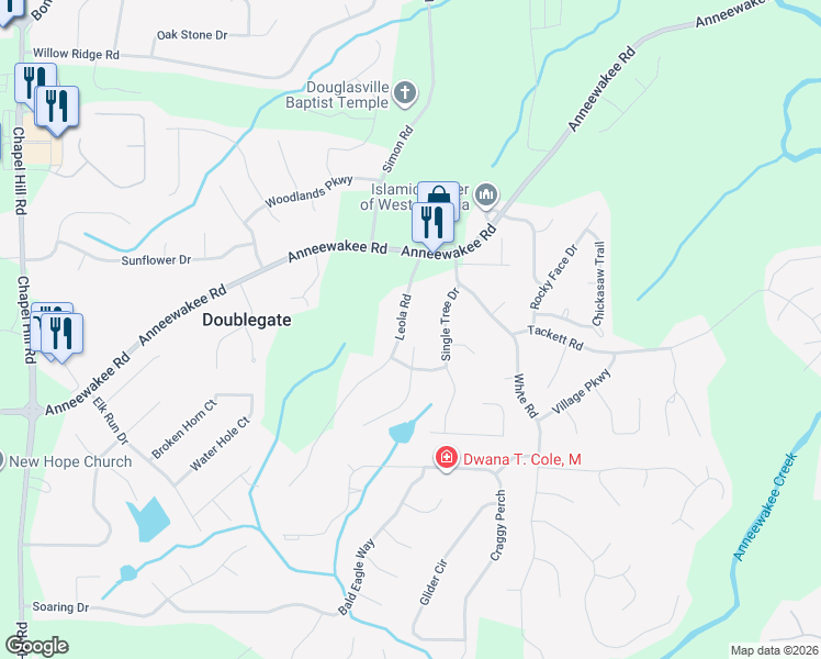 map of restaurants, bars, coffee shops, grocery stores, and more near 4228 Leola Road in Douglasville