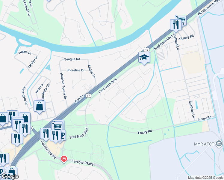 map of restaurants, bars, coffee shops, grocery stores, and more near 2935 Skylar Drive in Myrtle Beach