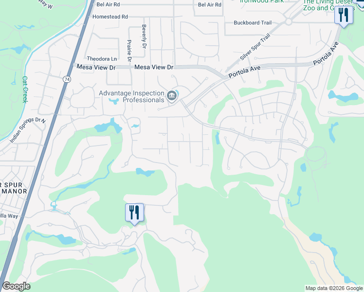 map of restaurants, bars, coffee shops, grocery stores, and more near 73105 Crosby Lane in Palm Desert