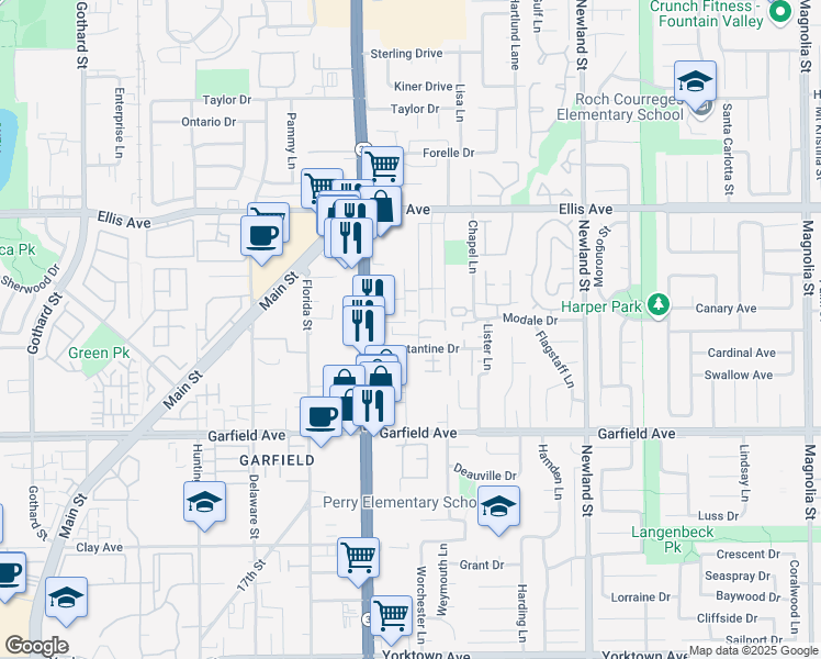 map of restaurants, bars, coffee shops, grocery stores, and more near 18761 Hoyt Circle in Huntington Beach