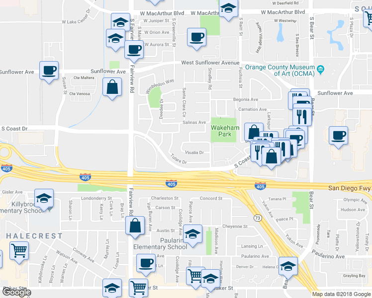 map of restaurants, bars, coffee shops, grocery stores, and more near 1090 Visalia Drive in Costa Mesa