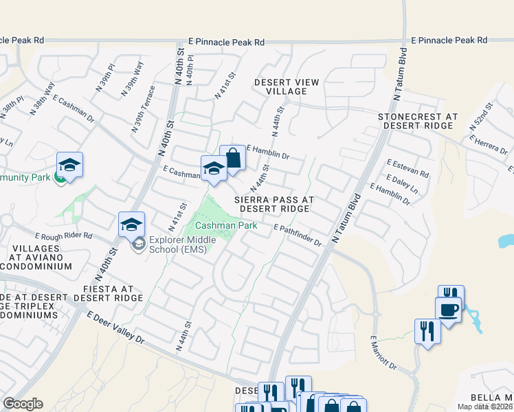 map of restaurants, bars, coffee shops, grocery stores, and more near 4412 East Via Montoya Drive in Phoenix