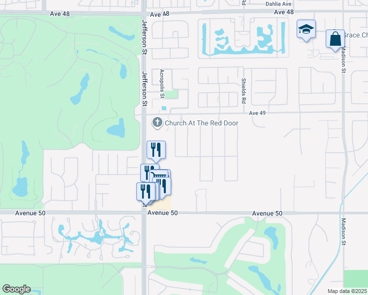map of restaurants, bars, coffee shops, grocery stores, and more near 49339 Hohokam River Street in Indio