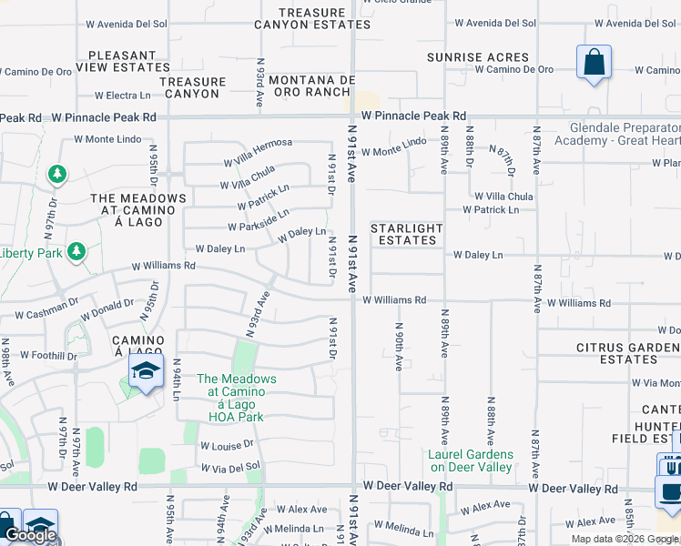 map of restaurants, bars, coffee shops, grocery stores, and more near 22705 North 91st Drive in Peoria