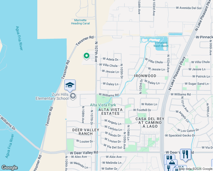 map of restaurants, bars, coffee shops, grocery stores, and more near 10625 West Daley Lane in Peoria