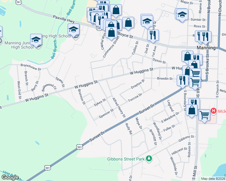 map of restaurants, bars, coffee shops, grocery stores, and more near 214 Alfred Henry Street in Manning