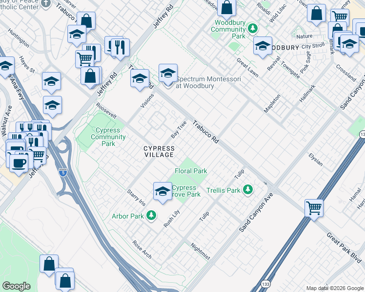 map of restaurants, bars, coffee shops, grocery stores, and more near 65 Cherry Tree in Irvine