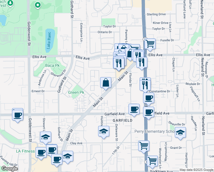 map of restaurants, bars, coffee shops, grocery stores, and more near 18769 Racquet Lane in Huntington Beach