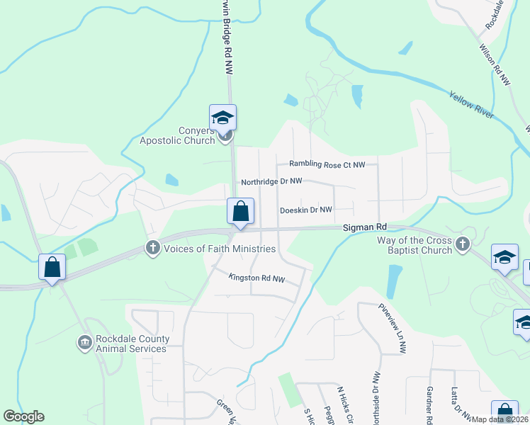 map of restaurants, bars, coffee shops, grocery stores, and more near 1716 Wesley Way Northwest in Conyers