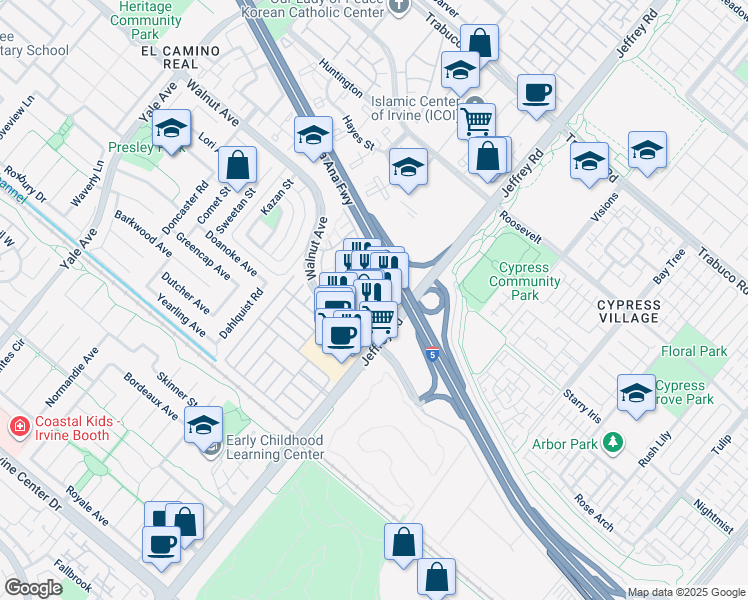 map of restaurants, bars, coffee shops, grocery stores, and more near 5404 Walnut Avenue in Irvine