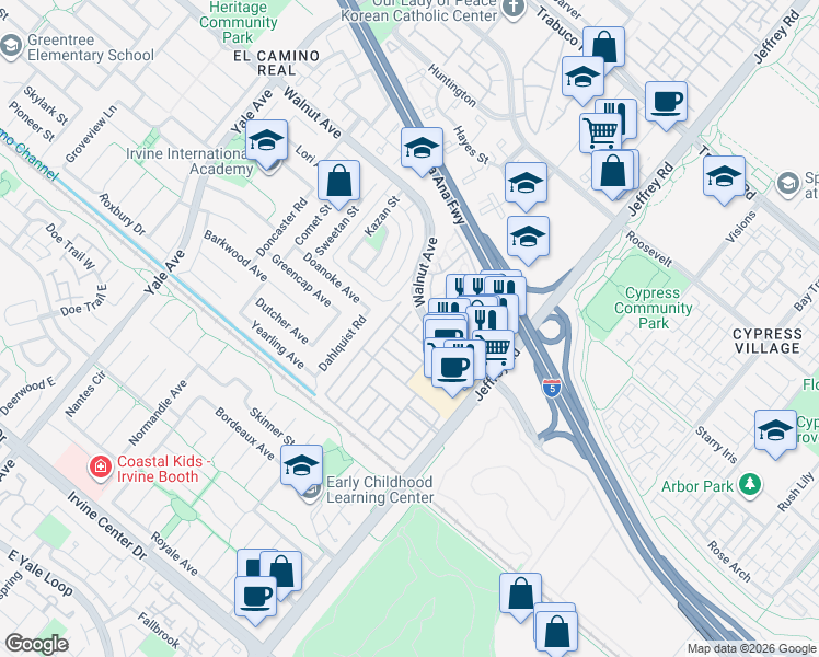 map of restaurants, bars, coffee shops, grocery stores, and more near 5358 Walnut Avenue in Irvine
