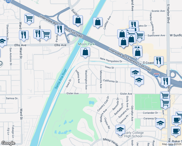 map of restaurants, bars, coffee shops, grocery stores, and more near 3269 California Street in Costa Mesa