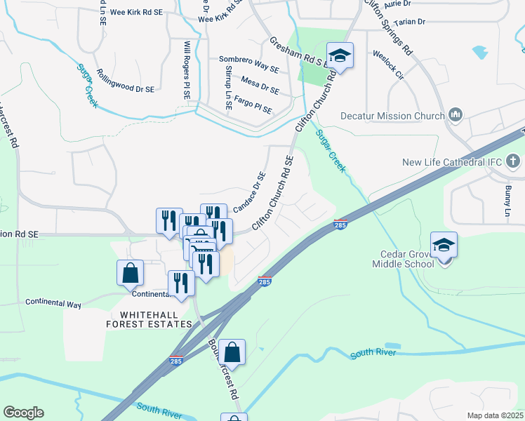 map of restaurants, bars, coffee shops, grocery stores, and more near 3275 Clifton Church Road Southeast in Atlanta