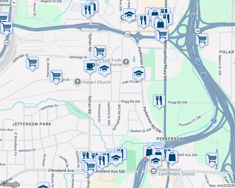 map of restaurants, bars, coffee shops, grocery stores, and more near 2376 Springdale Road Southwest in Atlanta
