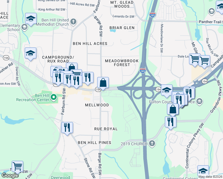 map of restaurants, bars, coffee shops, grocery stores, and more near 3550 Campbellton Road Southwest in Atlanta