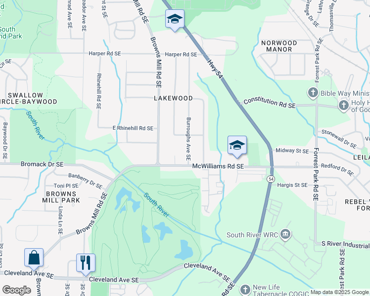 map of restaurants, bars, coffee shops, grocery stores, and more near 2353 Burroughs Avenue Southeast in Atlanta