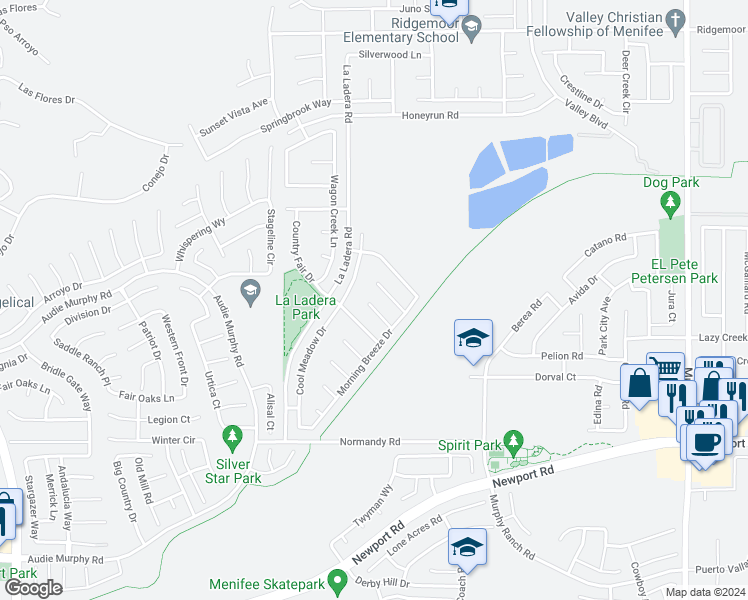 map of restaurants, bars, coffee shops, grocery stores, and more near 25302 Clear Canyon Circle in Menifee