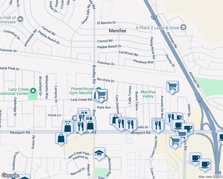 map of restaurants, bars, coffee shops, grocery stores, and more near 29648 Via Sonroseo in Menifee