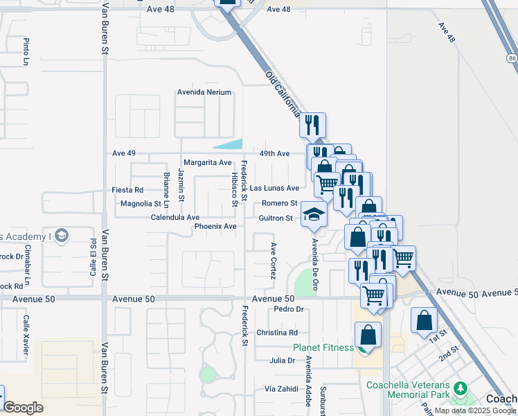 map of restaurants, bars, coffee shops, grocery stores, and more near 49551 Reyes Street in Coachella