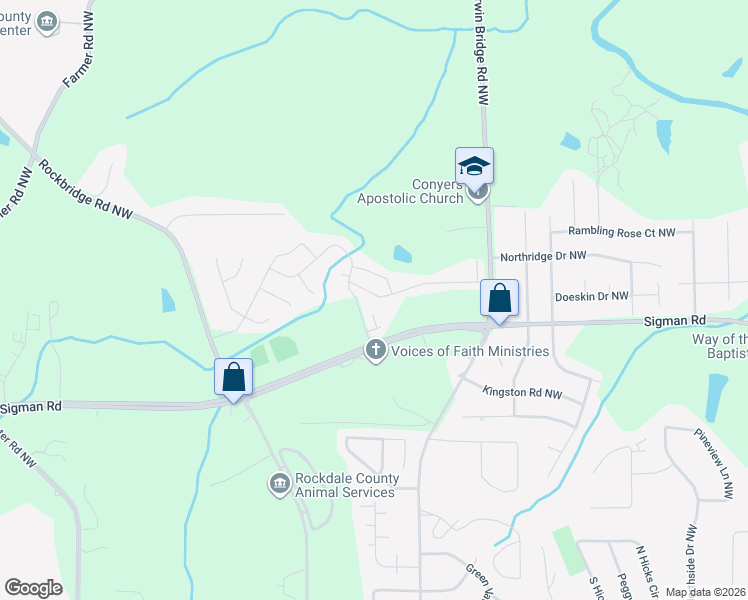 map of restaurants, bars, coffee shops, grocery stores, and more near 1793 Millstream Hollow in Conyers