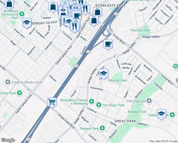 map of restaurants, bars, coffee shops, grocery stores, and more near 120 Novel in Irvine