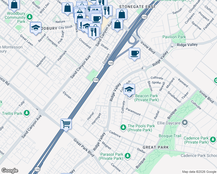 map of restaurants, bars, coffee shops, grocery stores, and more near 102 Novel in Irvine