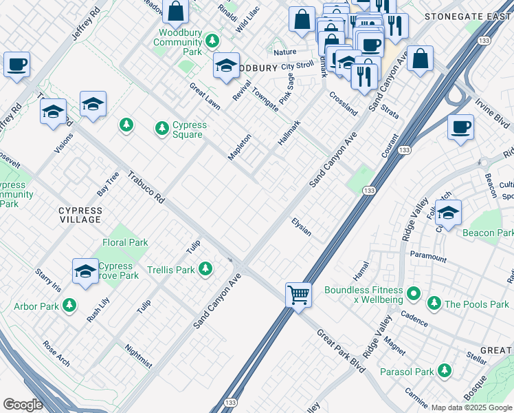 map of restaurants, bars, coffee shops, grocery stores, and more near 53 Tall Cedars in Irvine