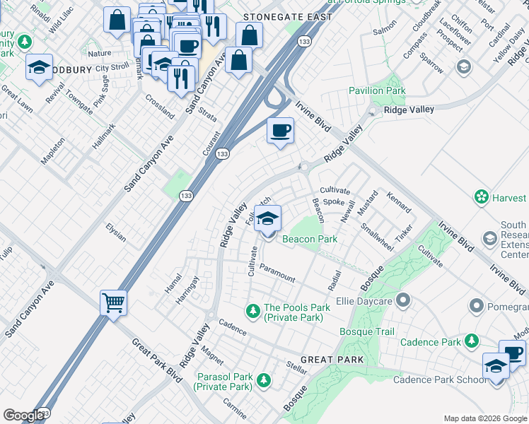 map of restaurants, bars, coffee shops, grocery stores, and more near 156 Follyhatch in Irvine