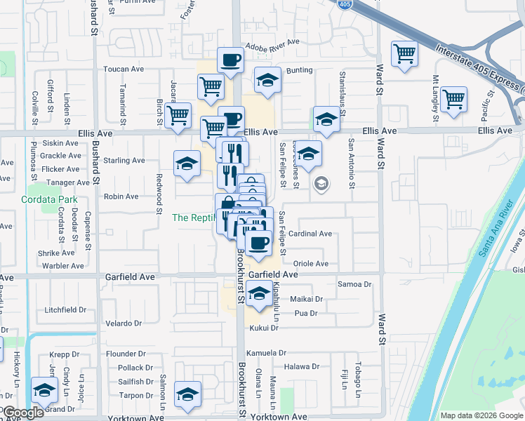 map of restaurants, bars, coffee shops, grocery stores, and more near 18785 Teton Circle in Fountain Valley