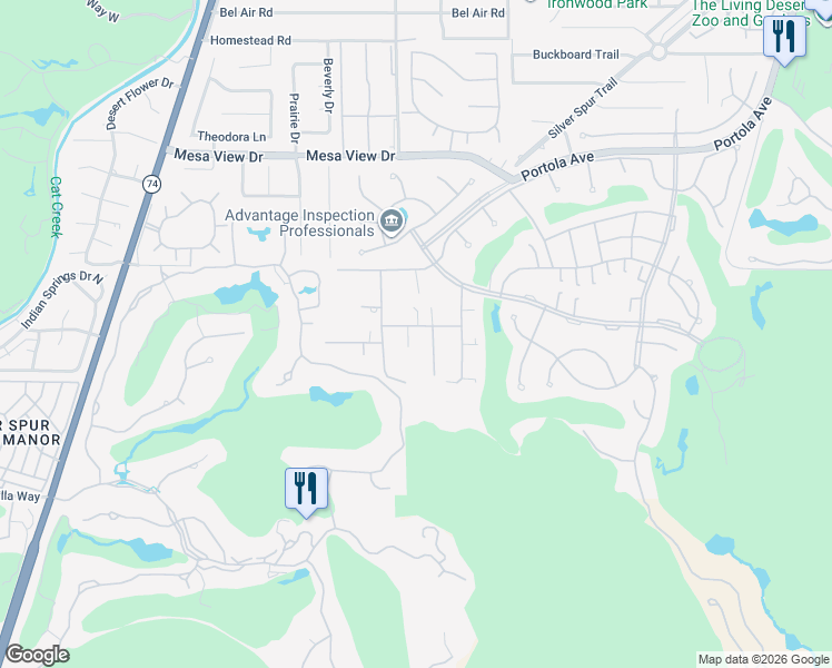map of restaurants, bars, coffee shops, grocery stores, and more near 73115 Crosby Lane in Palm Desert