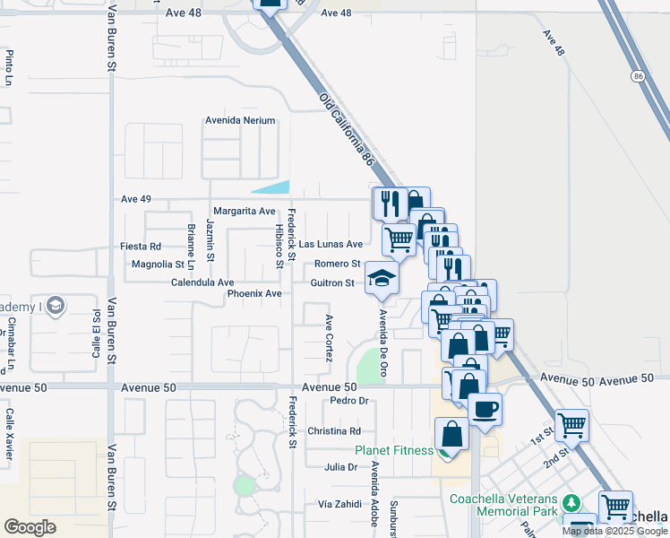 map of restaurants, bars, coffee shops, grocery stores, and more near 84589 Romero Street in Coachella